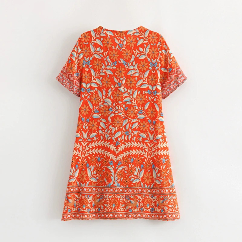 Spring Orange White Orchid Short Dress